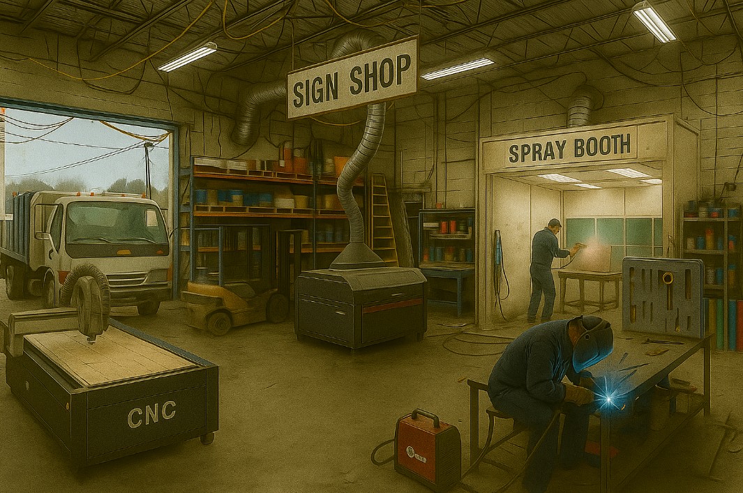 ZBB2409 Sign company established, includes a work truck, all necessary equipment, and a permitted Large Spray Booth, Experienced employees .